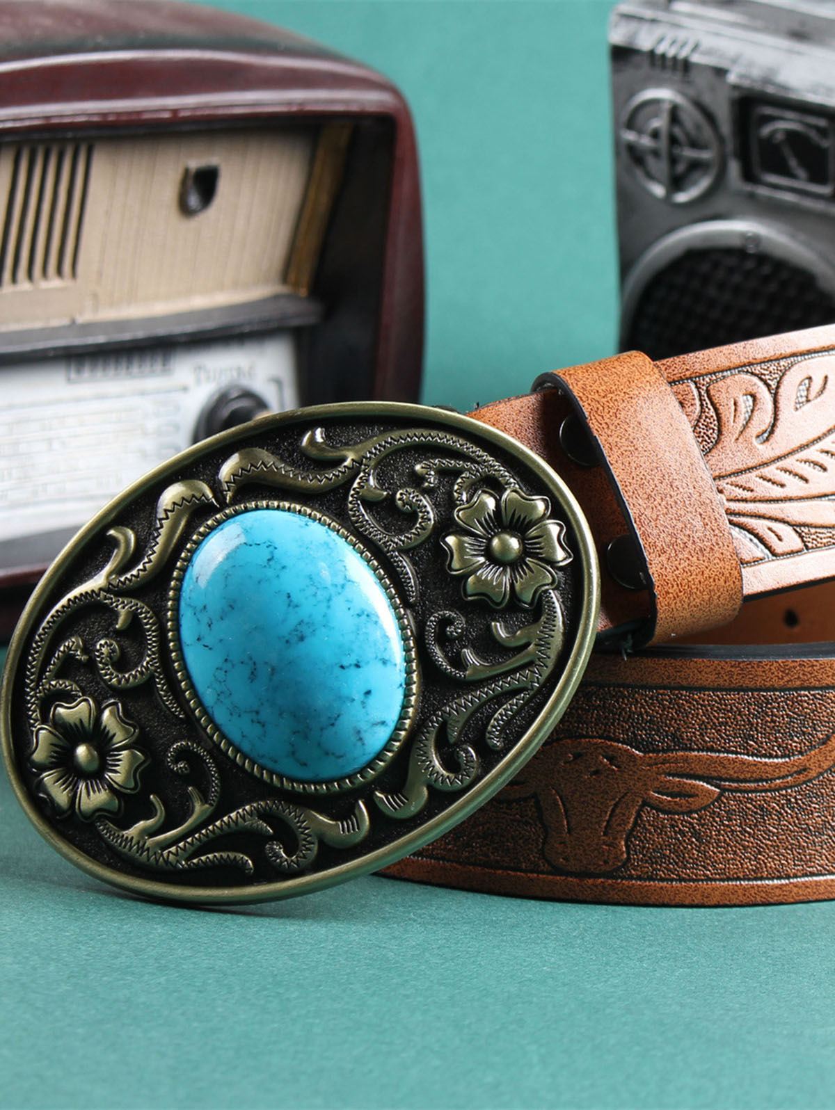 Retro Resin Imitation Gemstone Embossed Belt