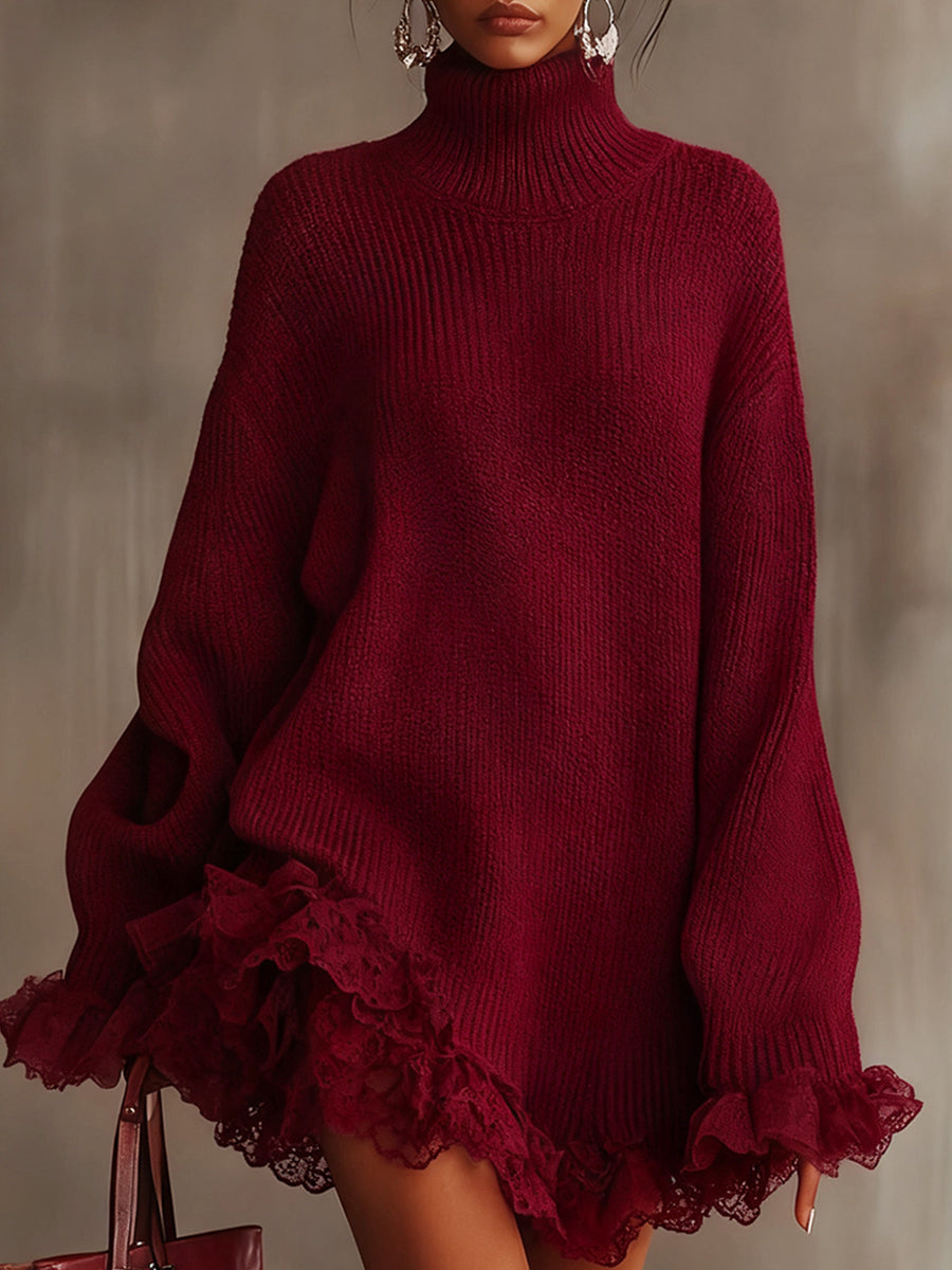 Ursiime Party Lace Burgundy High Collar Long Sleeve Ruffle Vintage Contrast Knitted Mini Dresses [Pre-Order]