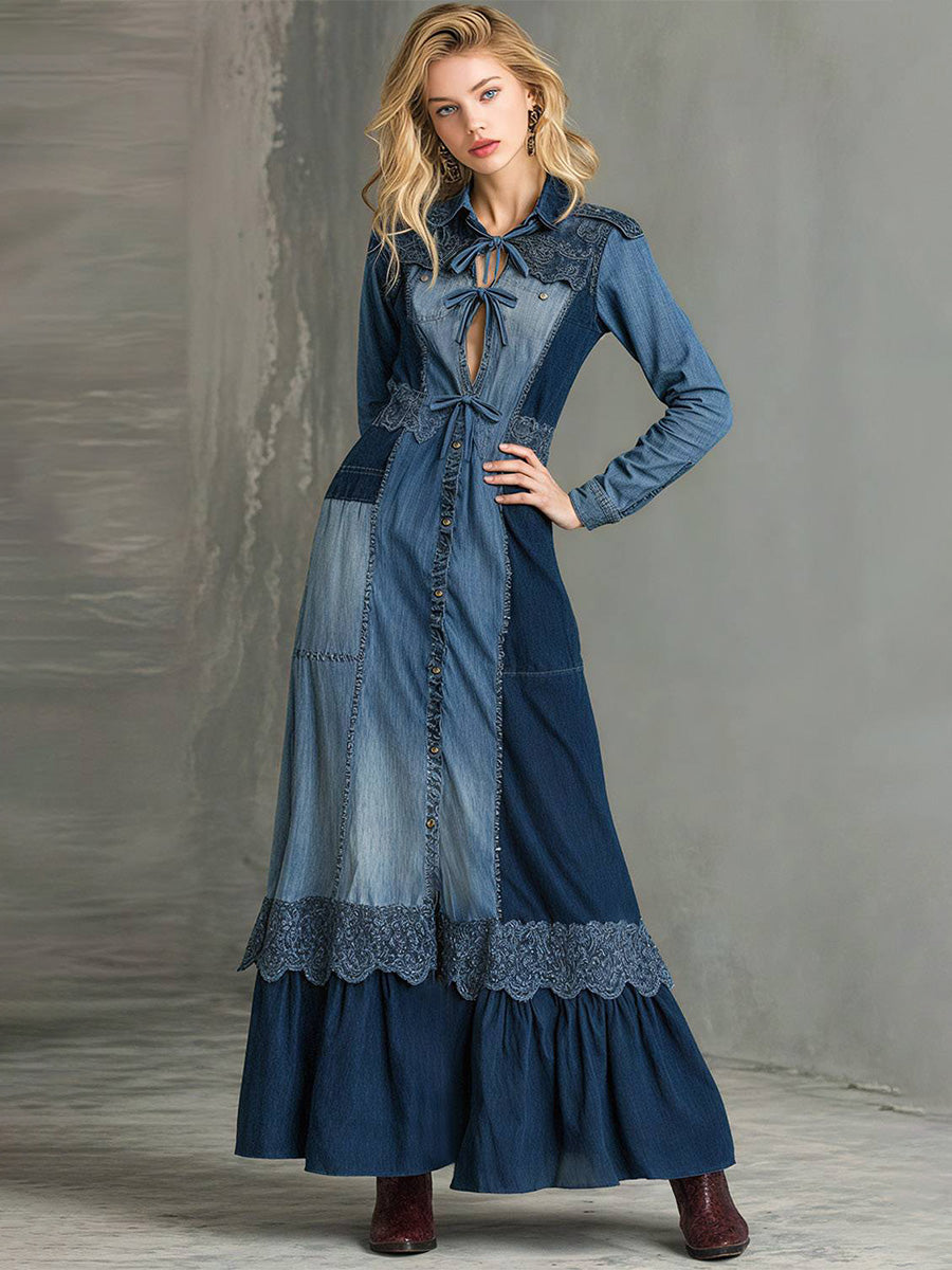 Ursiime Daily Lace Blue Shirt Collar Long Sleeve Bow Tie Casual Contrast Denim Maxi Dresses