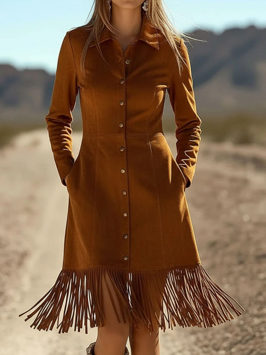 Ursiime Daily Brown Turndown Collar Long Sleeve Strappy Vintage Pocket Chamois Midi Dresses