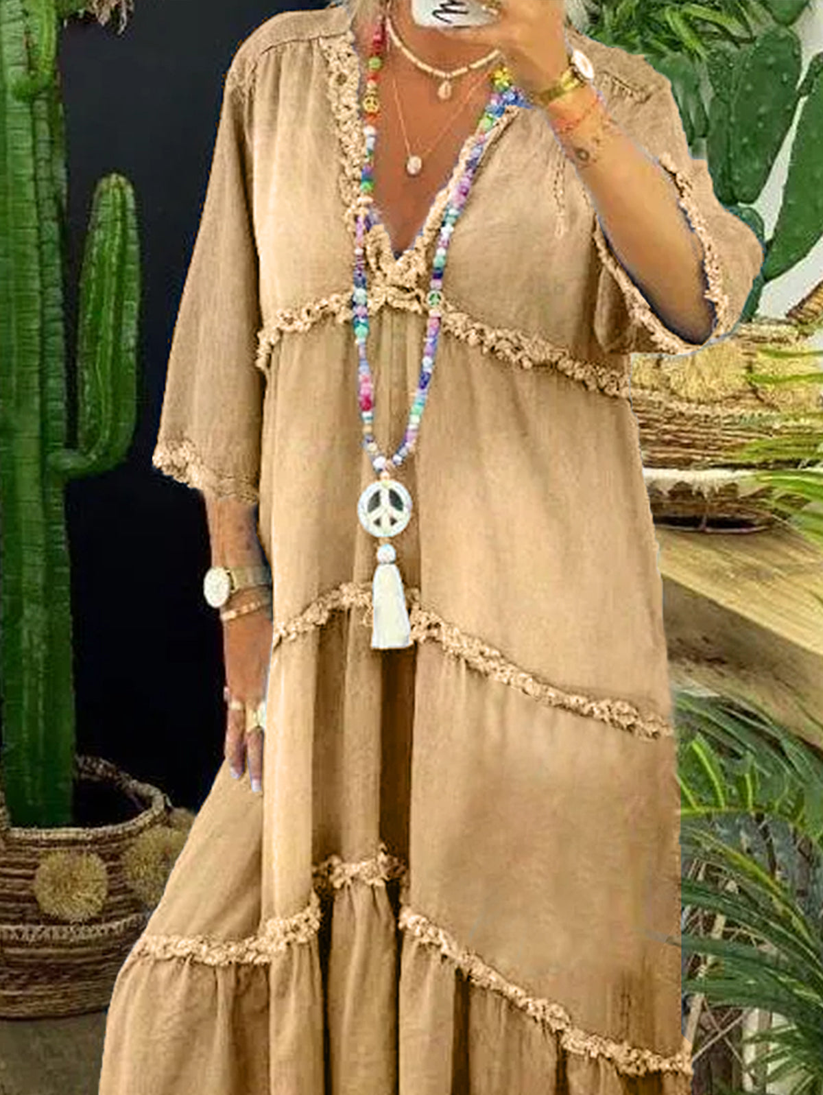 Ursiime V Neck Tiered 3/4 Sleeve Raw Edge Maxi Dress