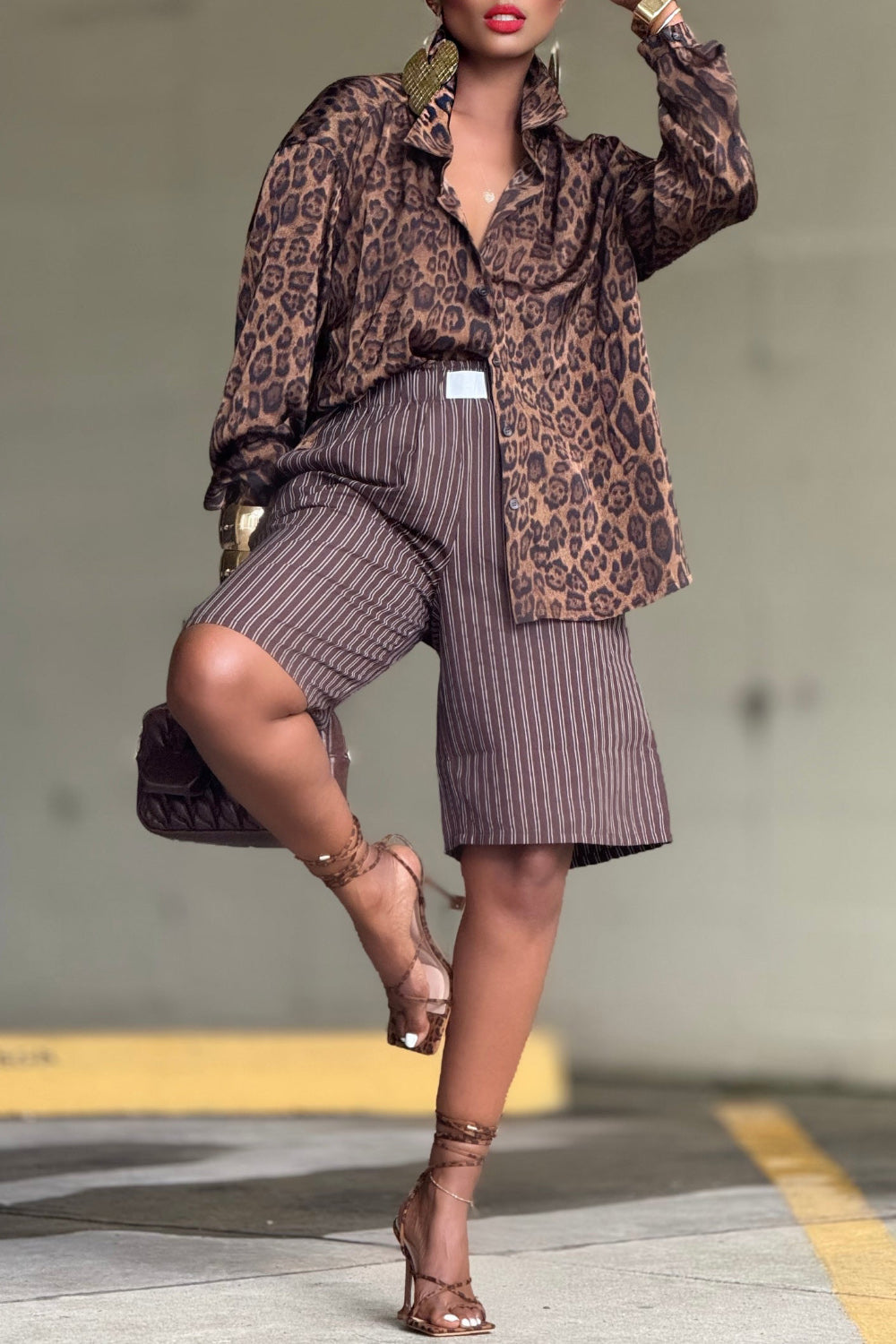 Ursiime Design Daily Brown Leopard Shirt Collar Long Sleeve Pocket Vintage Blouses [Pre-Order]