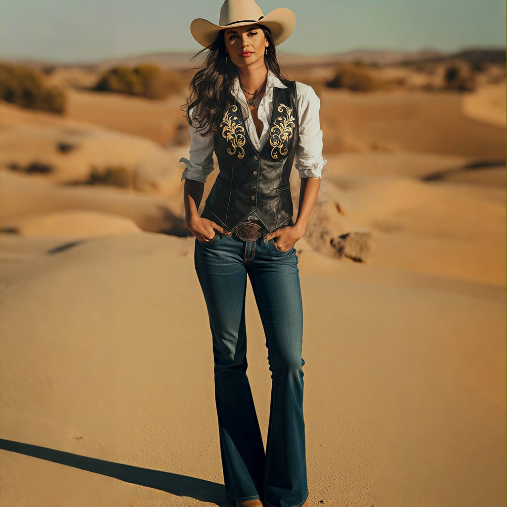 Ursiime Western PU Leather Gold Floral Pattern Single Breasted Vest