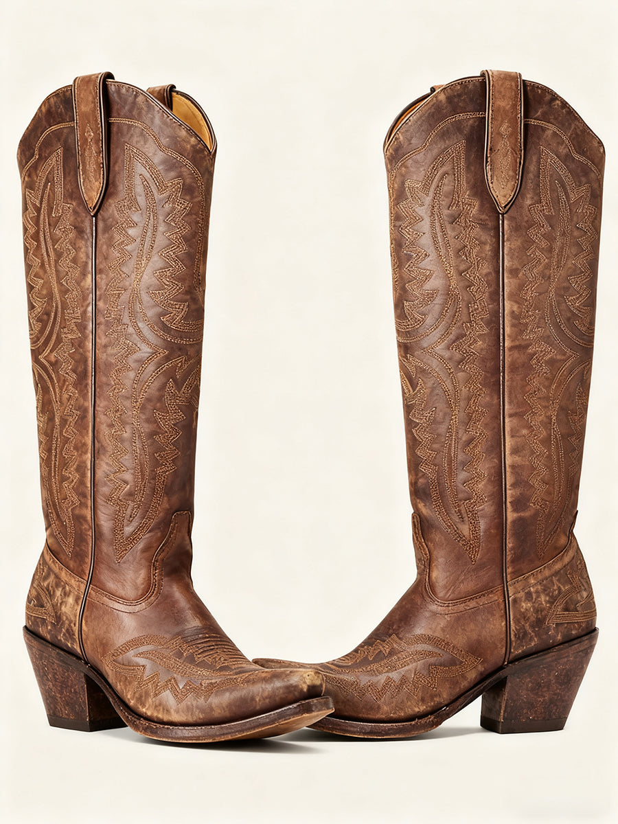 Western Yellow Brown PU Leather Leaf Stitched Patterns Pointed Toe Chunky Heel Boots