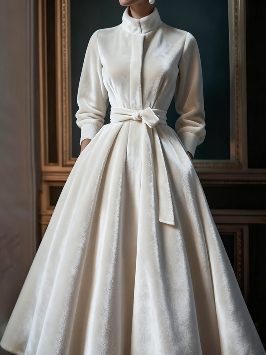Ursiime Formal White Stand-Up Collar Long Sleeve Bow Tie Elegant Pocket Velvet Maxi Dresses