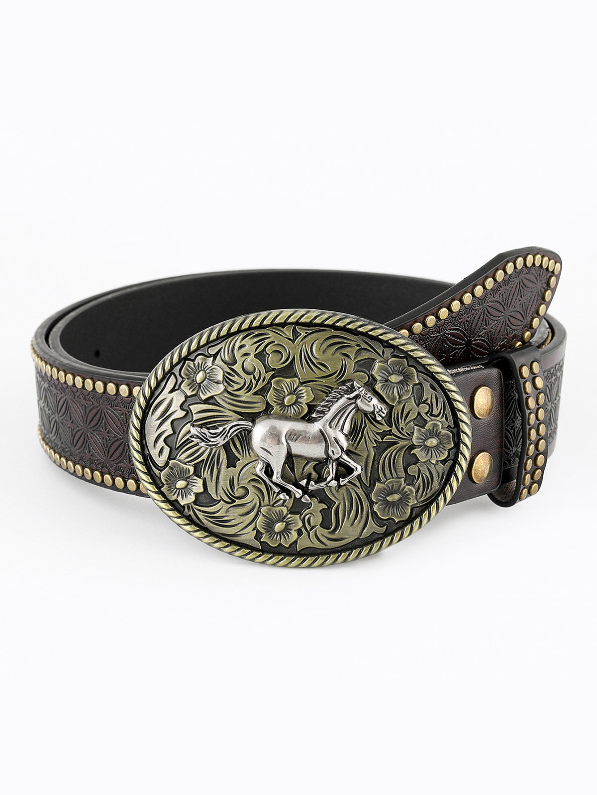 Western Metal Bull Head Beaded Embossed PU Leather Belt