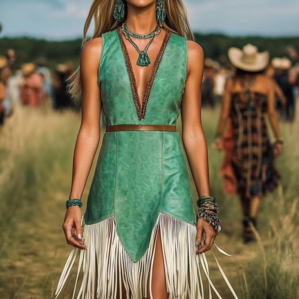 Ursiime Western Patterned Deep V Neck Sleeveless Fringe Midi Dress