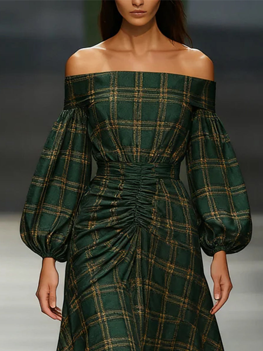 Ursiime Christmas Green Plaid Off The Shoulder Lantern Sleeve Long Sleeve Fold Elegant Midi Dresses [Pre-Order]