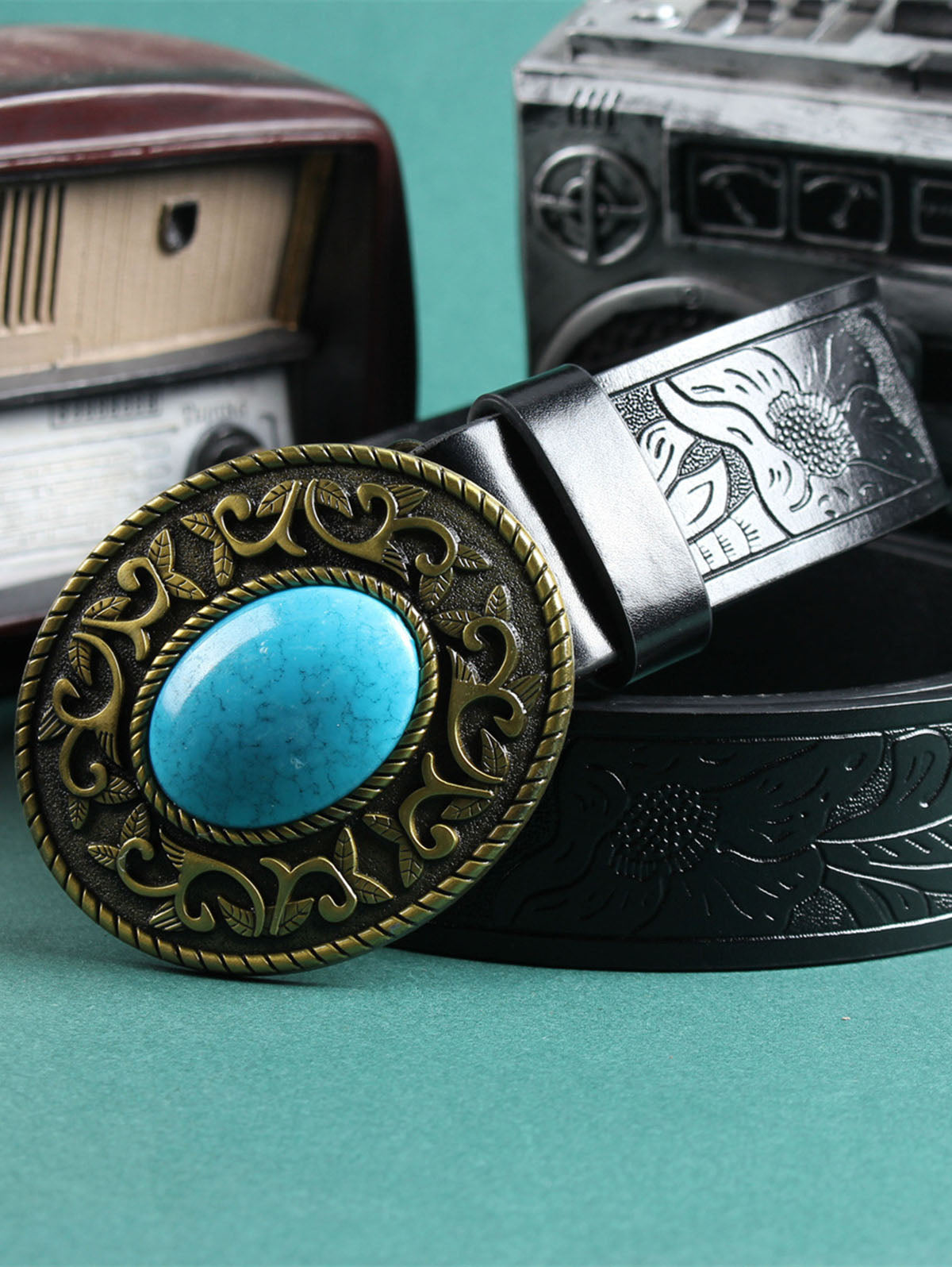 Retro Resin Imitation Gemstone Embossed Belt