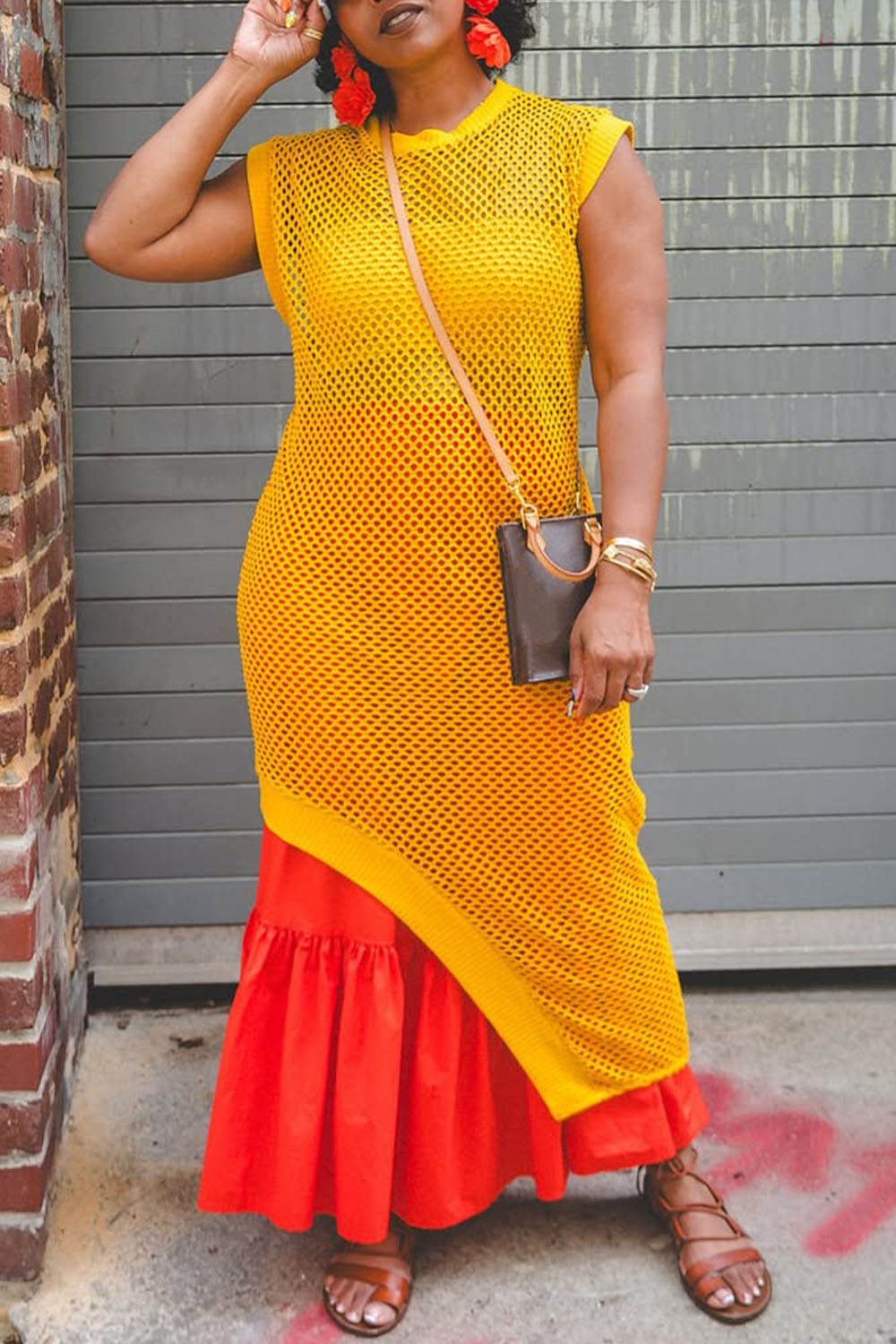 Ursiime Design Daily Yellow Round Neck Asymmetric Hem Casual Cut Out Tops [Pre-Order]