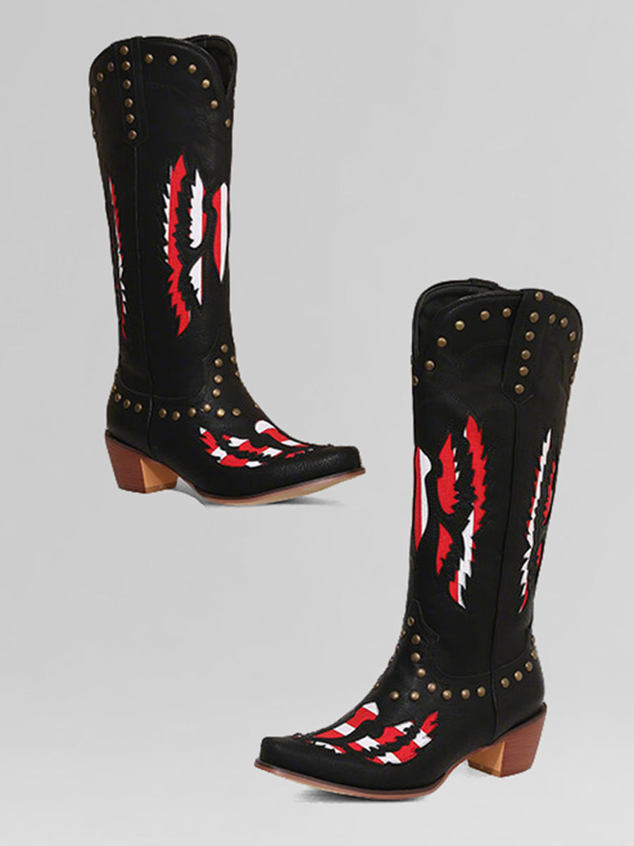 Western Apricot PU Leather Colorblock Studded Pointed Toe Cowboy Boots