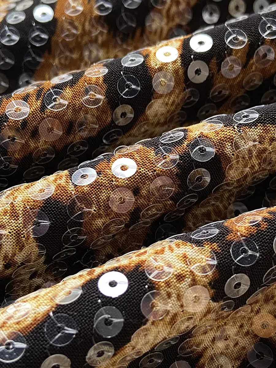 Fashion Leopard Print Sequin Long Sleeve Cropped Open Front Jacket