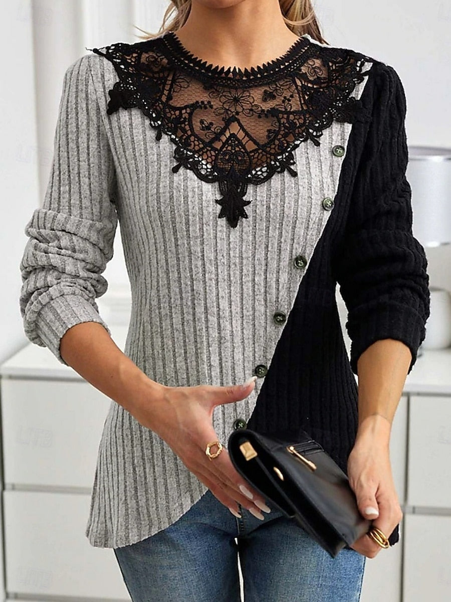 Casual Light Purple Lace Colorblock Ribbed Side Buttons Long Sleeve Blouse