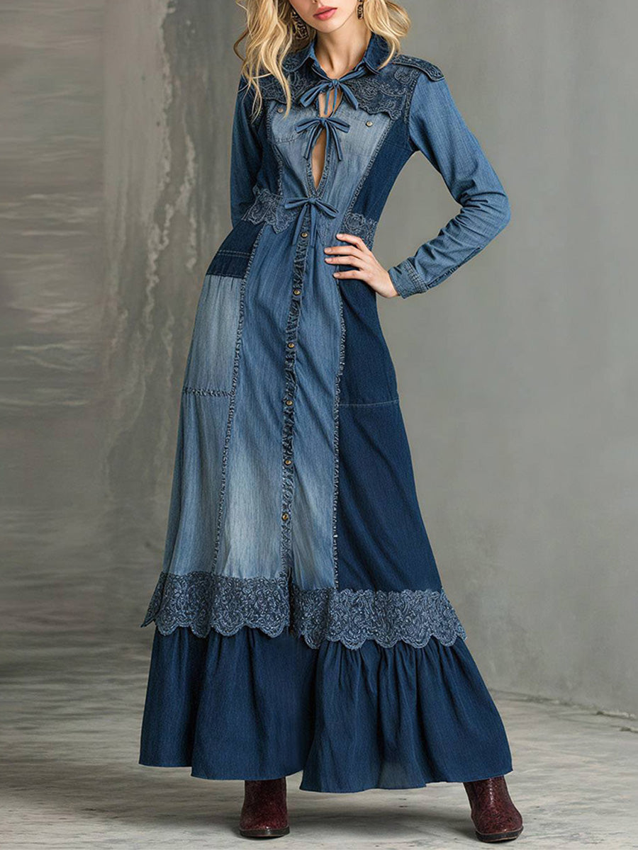 Ursiime Daily Lace Blue Shirt Collar Long Sleeve Bow Tie Casual Contrast Denim Maxi Dresses