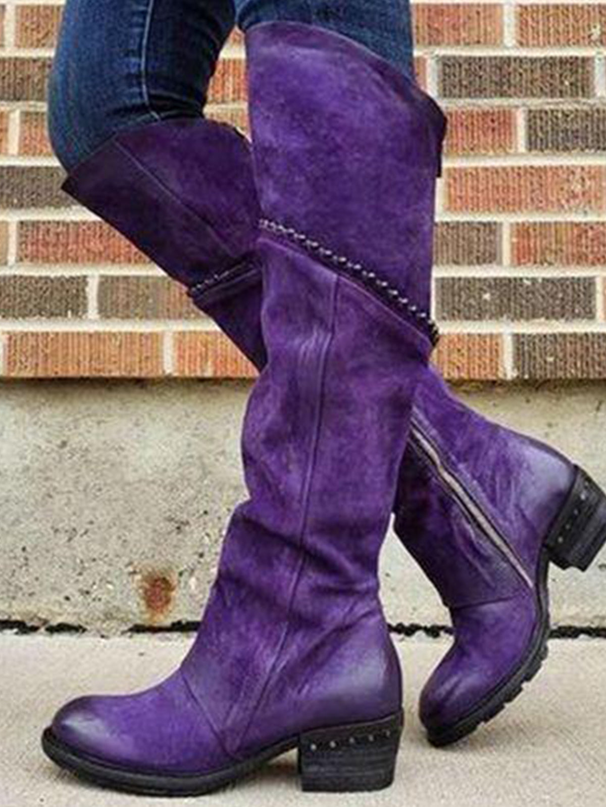 Vintage Solid V Groove Zipper Round Toe Knee High Boot