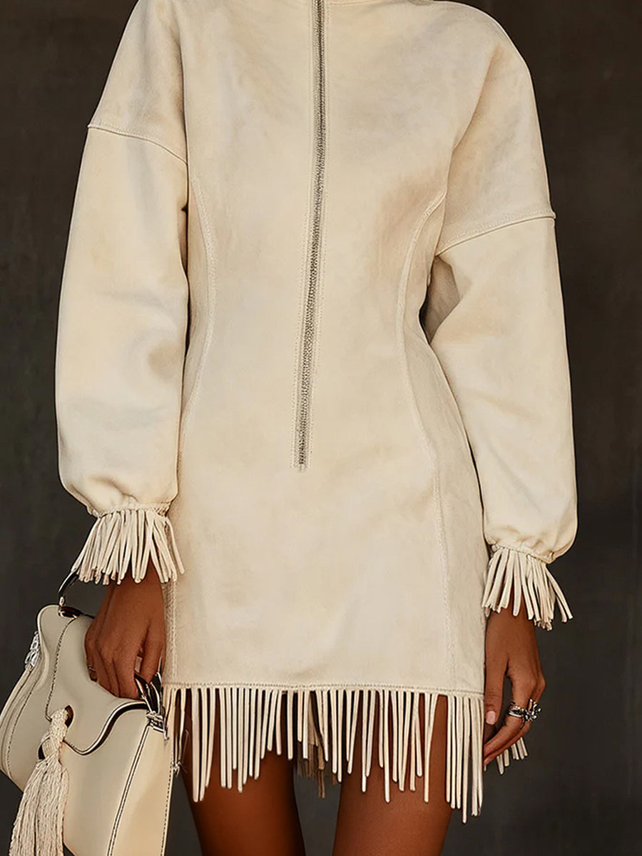 Casual White Stand Collar Long Sleeve Half-Zip Fringe Suede Mini Dress