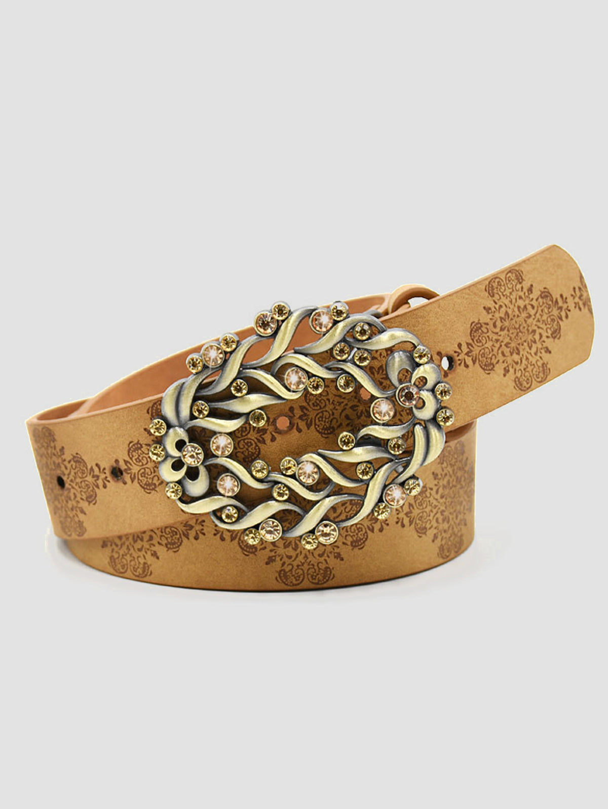 Retro Rhinestone Floral Buckle PU leather Belt