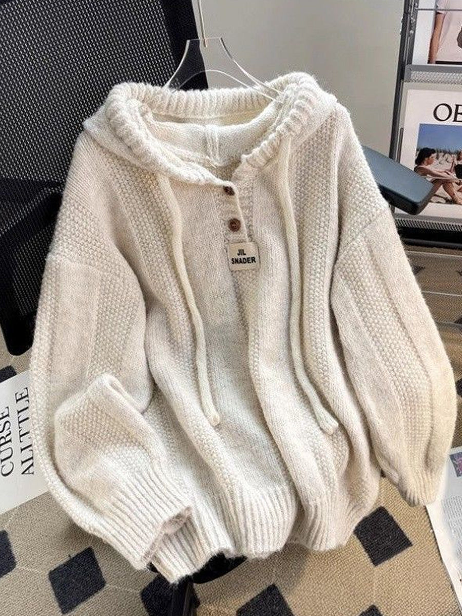 Casual Apricot Knitted Long Sleeve Half Button Drawstring Hooded Sweater