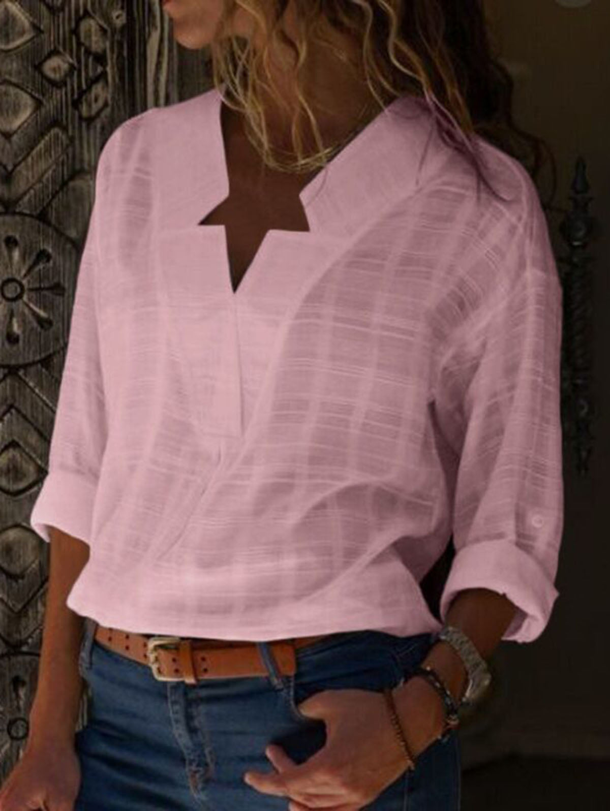 V Neck Long Sleeve Solid Color Shirts