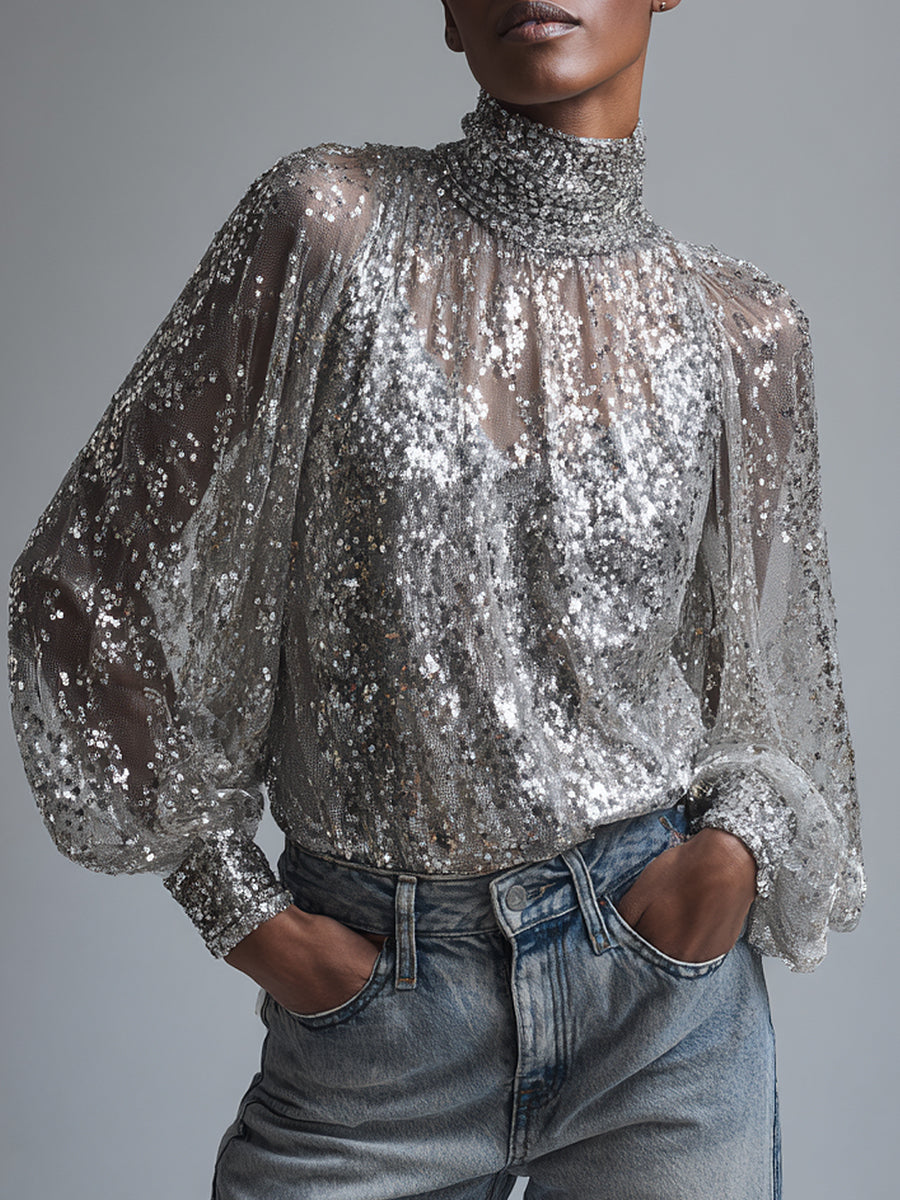 Ursiime Evening Gowns Glitter Silver High Collar Lantern Sleeve Long Sleeve Sequin Elegant Blouses