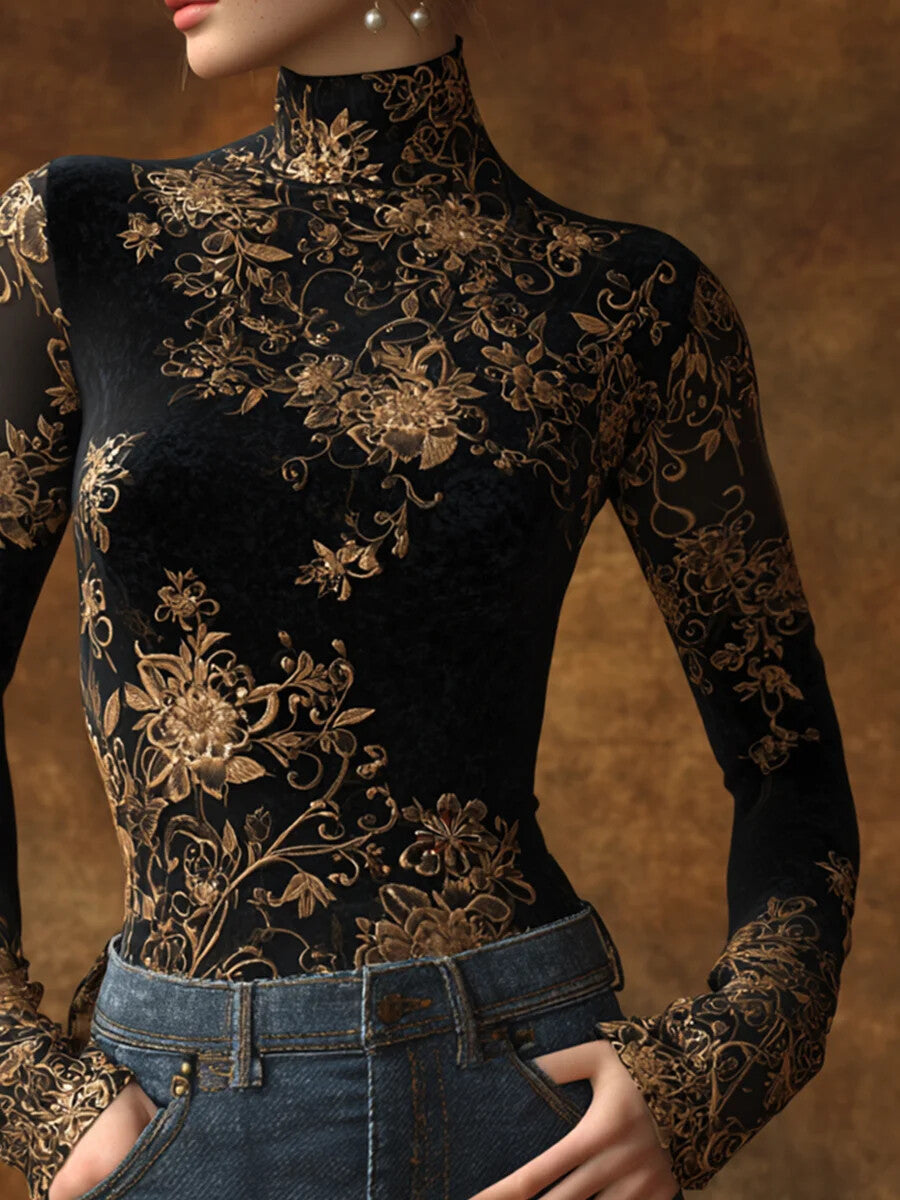 Ursime Black Floral Print High Neck Long Sleeve Top