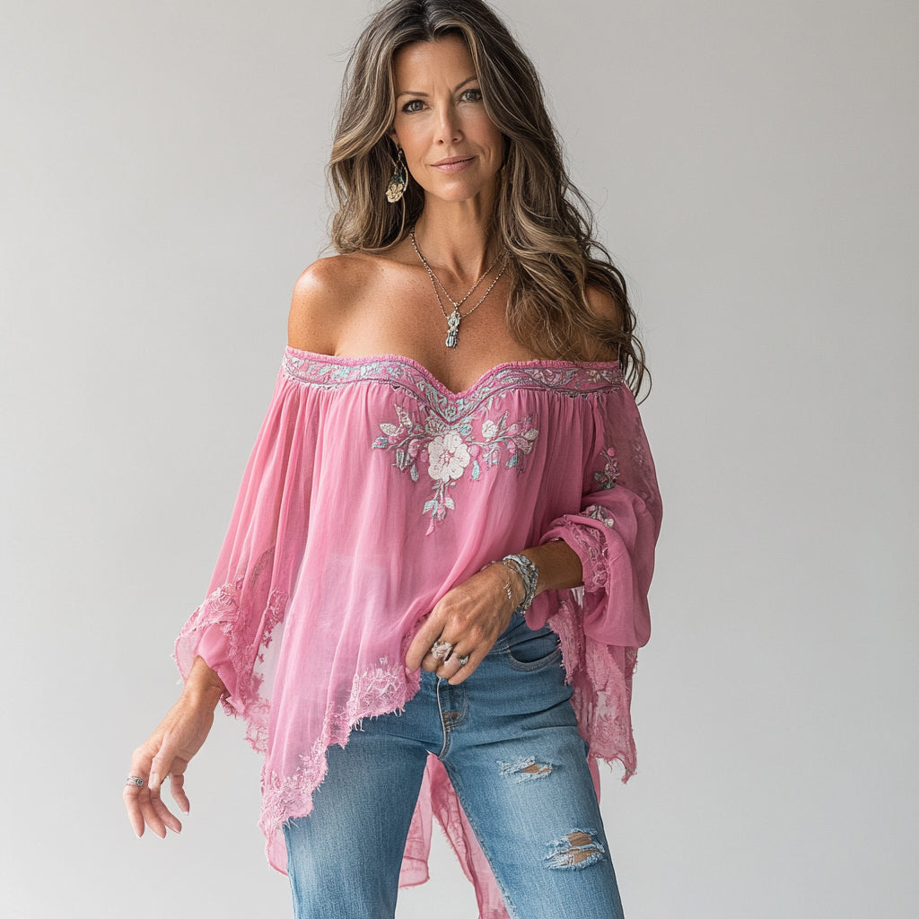 Ursiime Floral Pattern Off Shoulder Long Sleeve Lace Asymmetrical Blouse