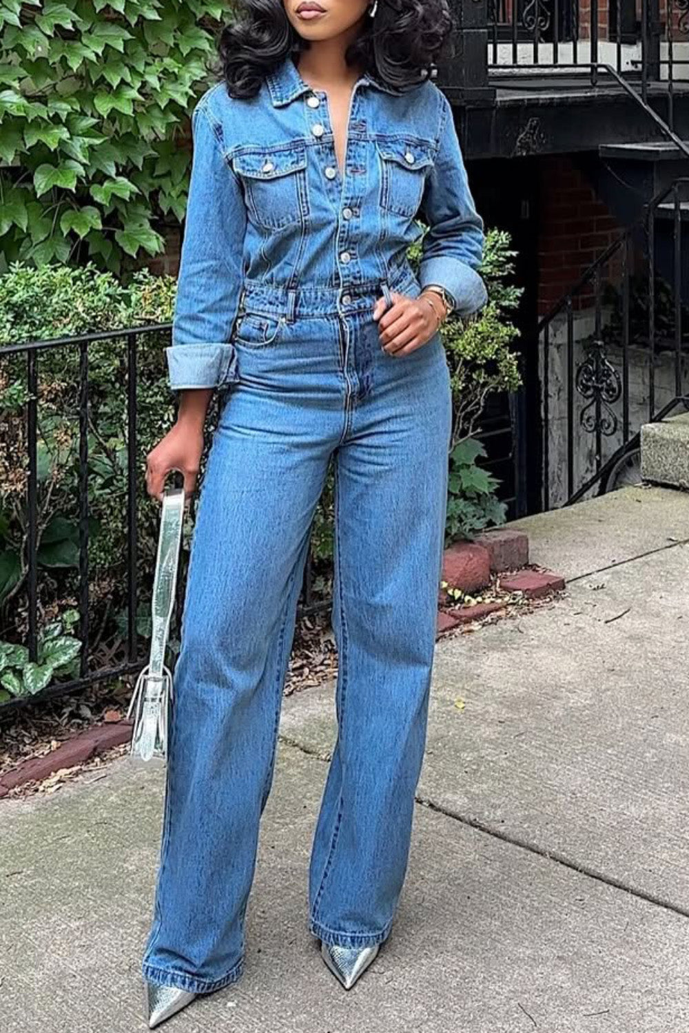 Ursiime Design Business Casual Blue Shirt Collar Long Sleeve Pocket Elegant Denim Jumpsuits [Pre-Order]