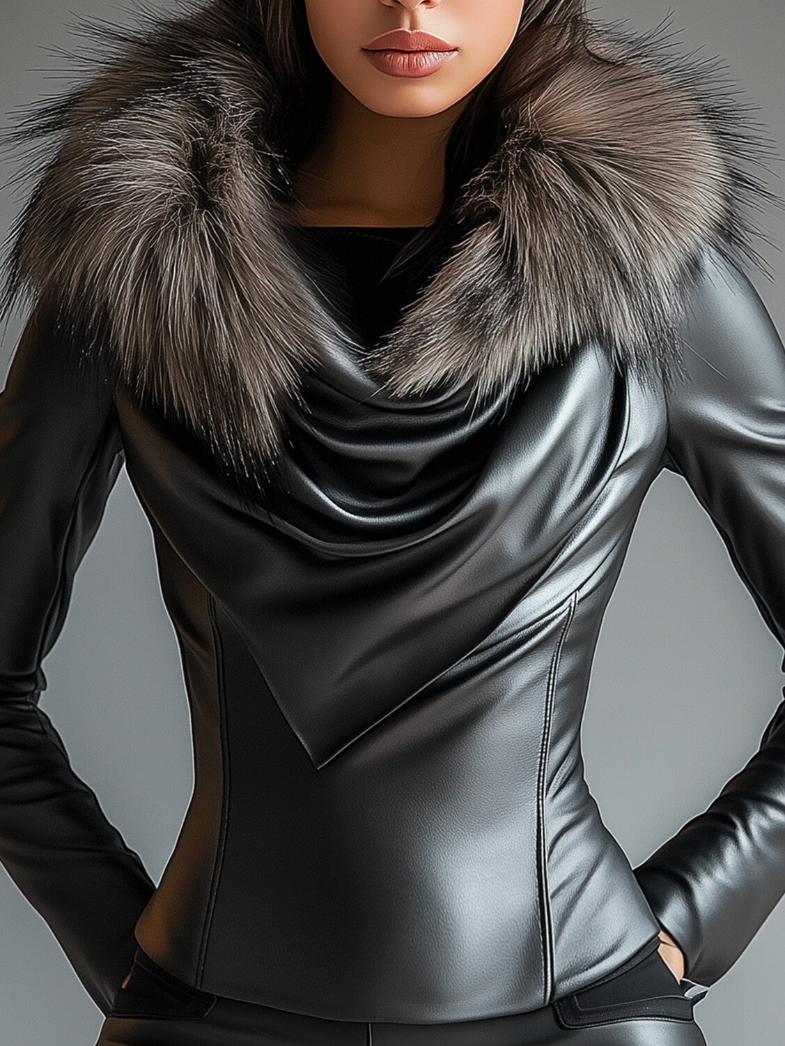 Ursiime Plush Trim Cowl Neck Long Sleeve PU Leather Blouse