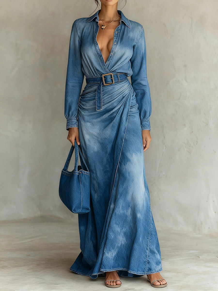 Ursiime Daily Blue Shirt Collar Long Sleeve Fold Casual Tencel Denim Maxi Dresses [Pre-Order]