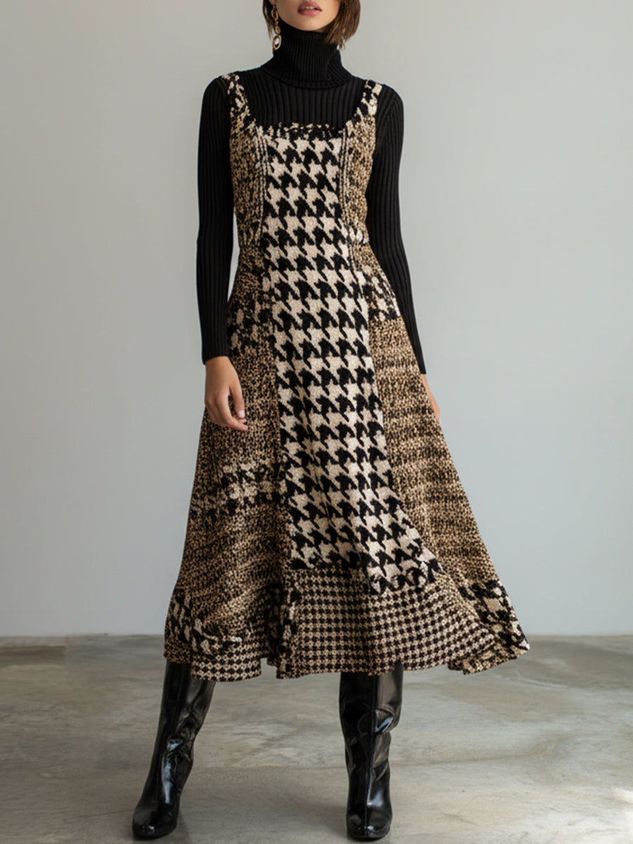 Ursiime Daily Khaki Houndstooth Round Neck Casual Midi Dresses [Pre-Order]