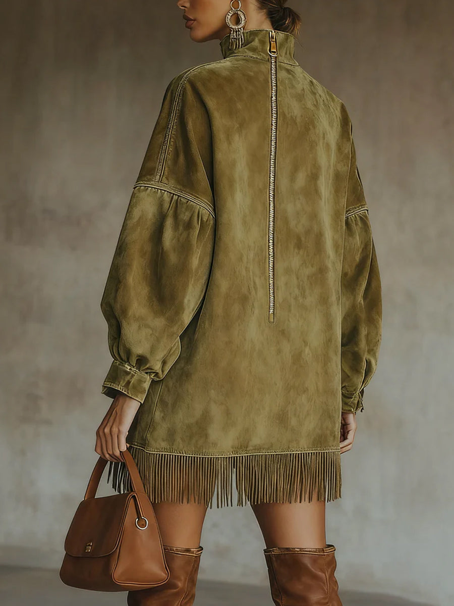 Western Army Green Suede High Neck Long Sleeve Pockets Fringe Hem Mini Dress