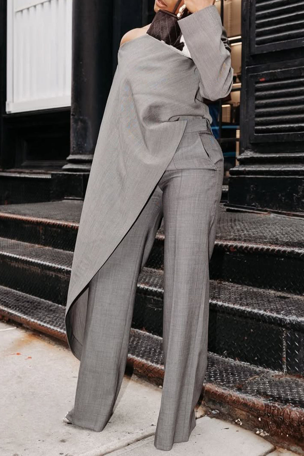 Ursiime Design Formal Grey Oblique Collar Long Sleeve Asymmetric Hem Two Piece Pant Sets [Pre-Order]