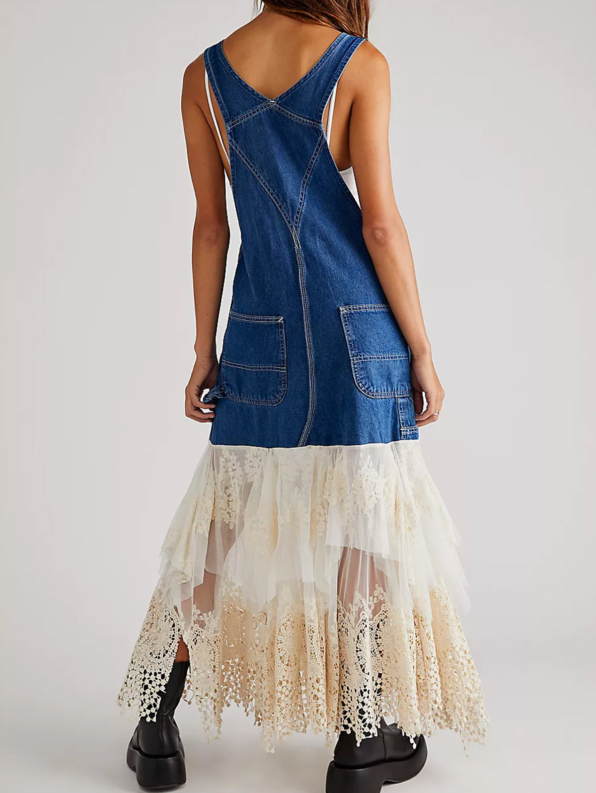 Denim Irregular Lace Patchwork Pocket Overall Maxi Dress
