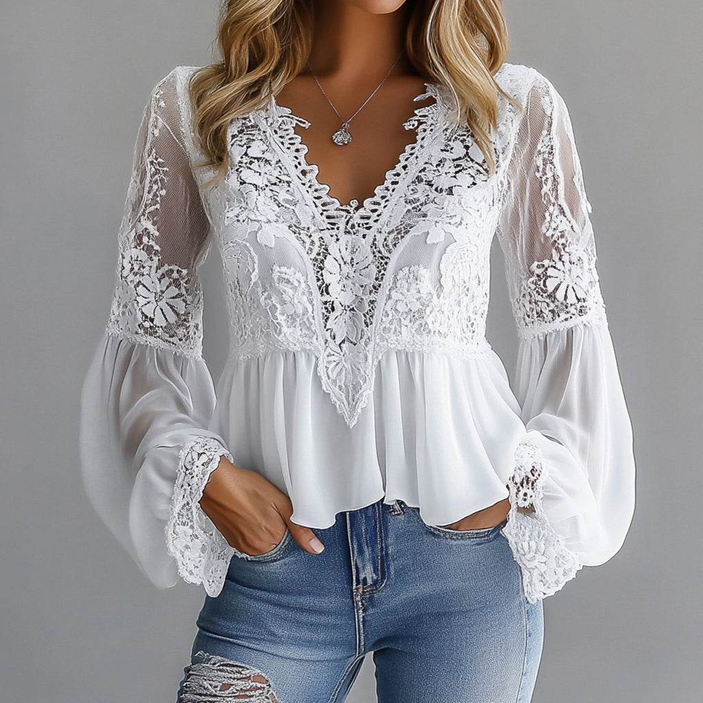 Ursiime Lace Floral Hollow Out V Neck Lantern Sleeve Blouse