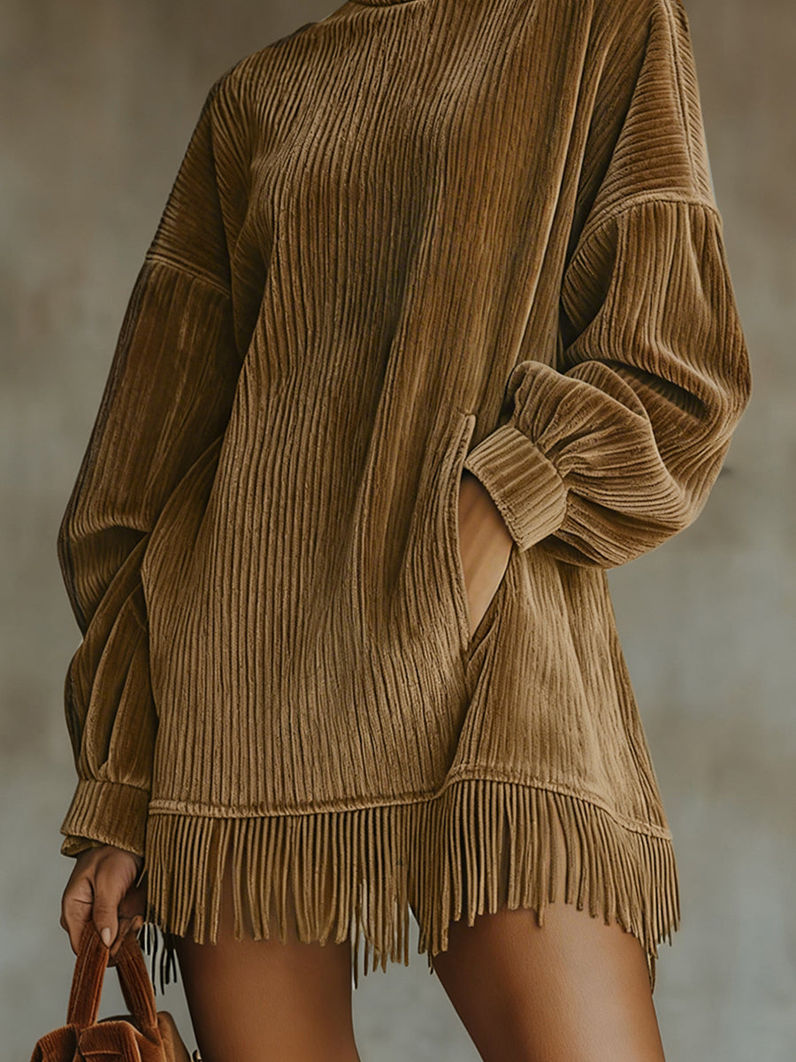Ursiime Daily Brown High Collar Lantern Sleeve Long Sleeve Strappy Vintage Pocket Corduroy Mini Dresses [Pre-Order]