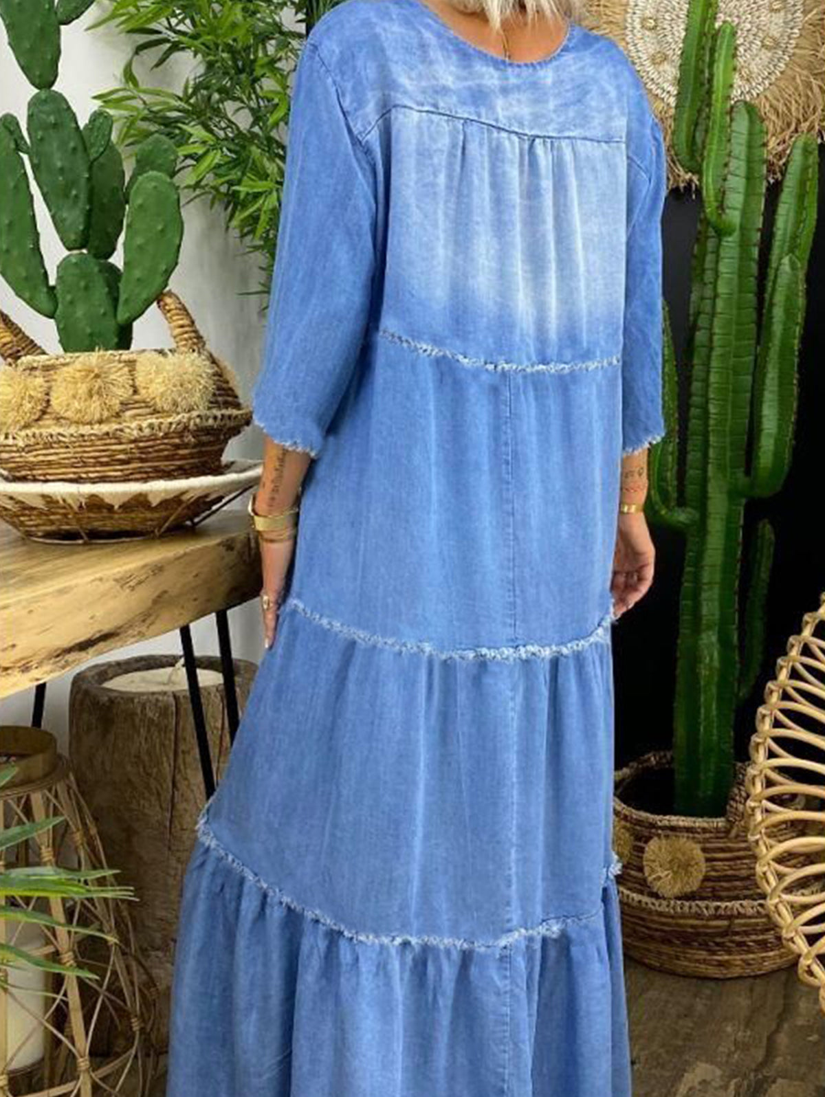 Casual Denim Washed Raw Trim V Neck Midi Dress
