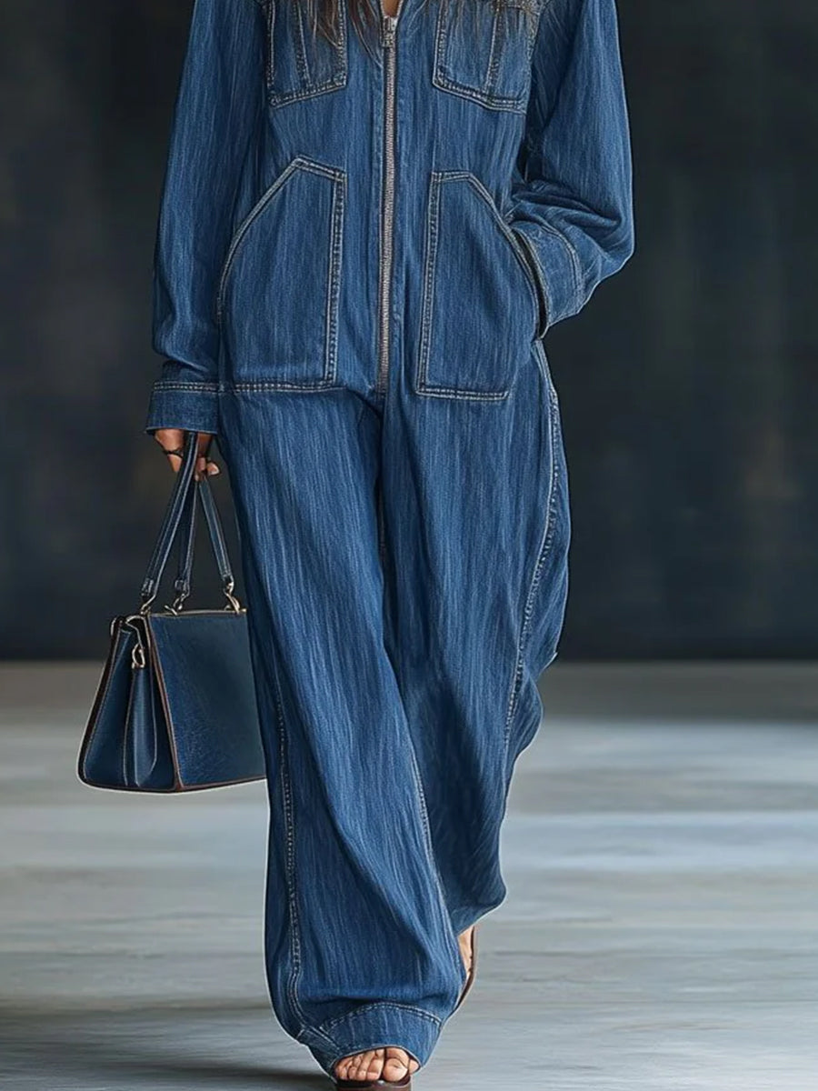 Ursiime Daily Blue Hooded Long Sleeve Pocket Vintage Zipper Denim Jumpsuits