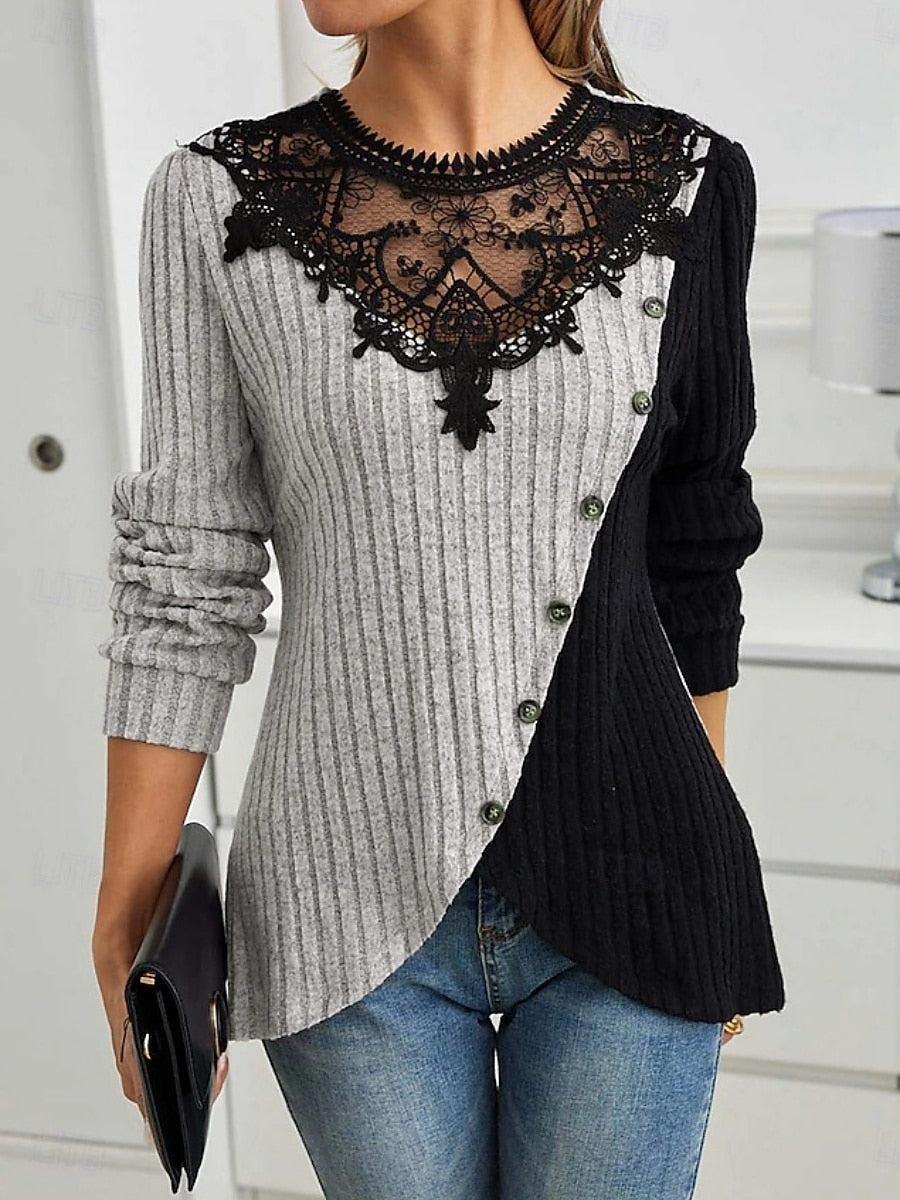 Casual Light Purple Lace Colorblock Ribbed Side Buttons Long Sleeve Blouse