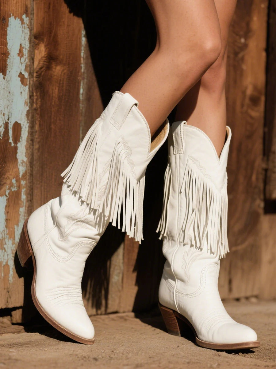 Western White Fringe Embroidery Pointed Toe Mid-Calf Knight Boots