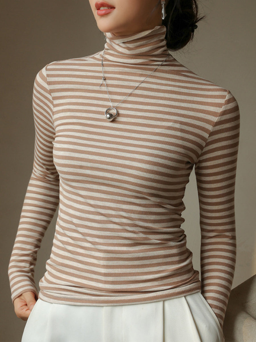 Casual Striped Turtleneck Long Sleeve Ribbed Knit Top