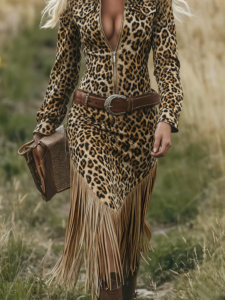 Ursiime Western Leopard Print Half Zip Long Sleeve Fringe Hem Midi Dress