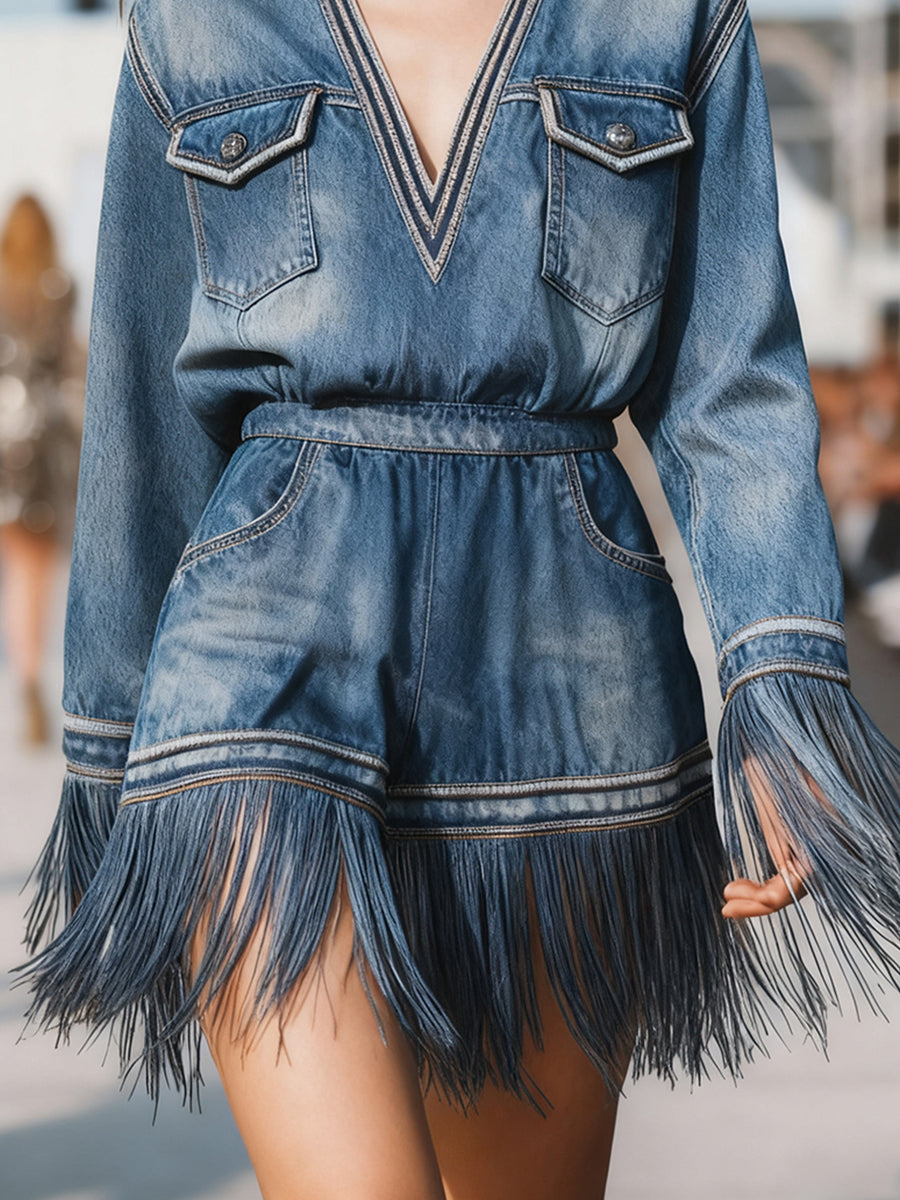 Ursiime Daily Blue V Neck Long Sleeve Strappy Casual Fold Denim Jumpsuits