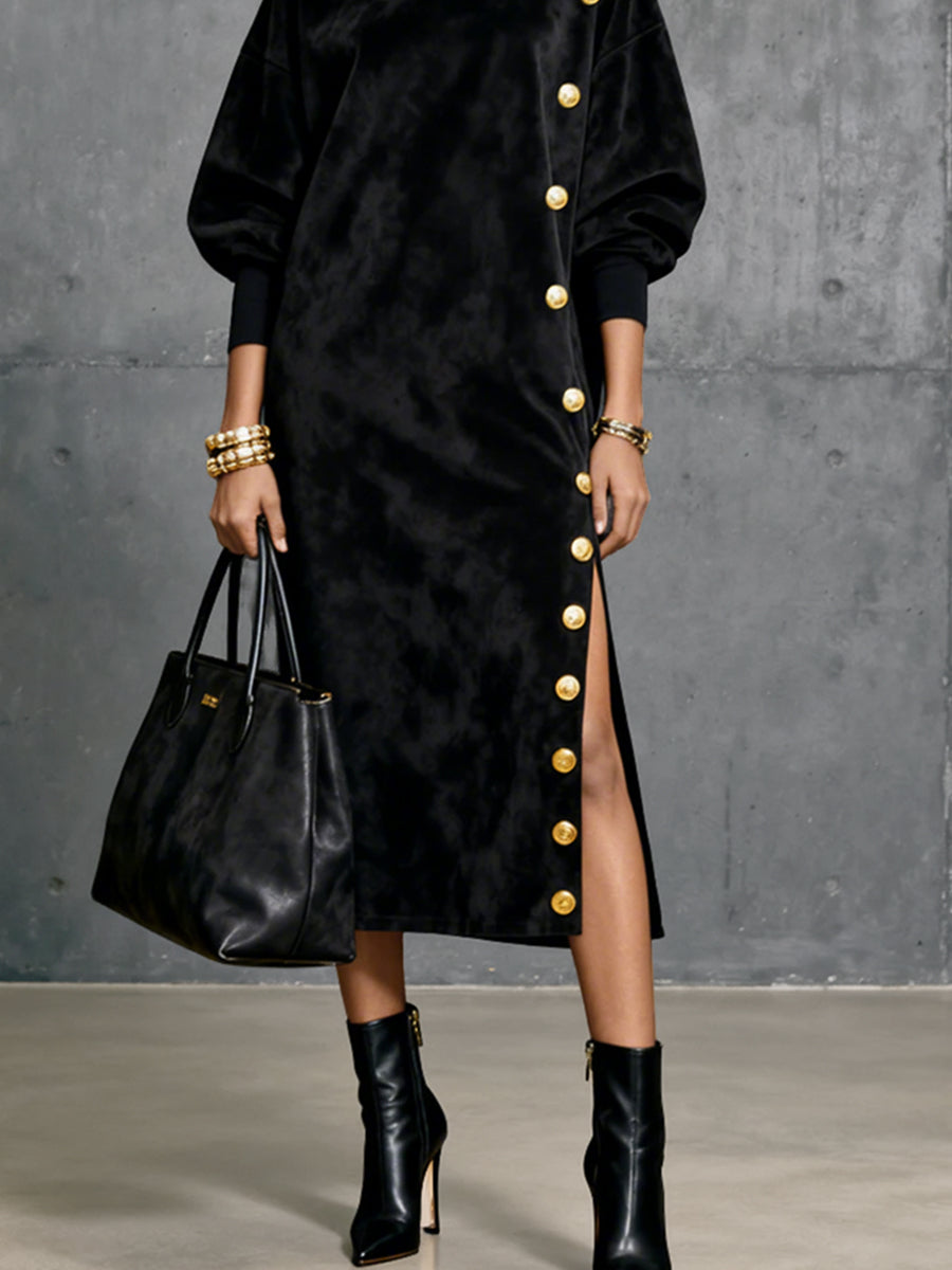 Ursiime Evening Gowns Black High Collar Lantern Sleeve Long Sleeve Button Elegant Velvet Midi Dresses