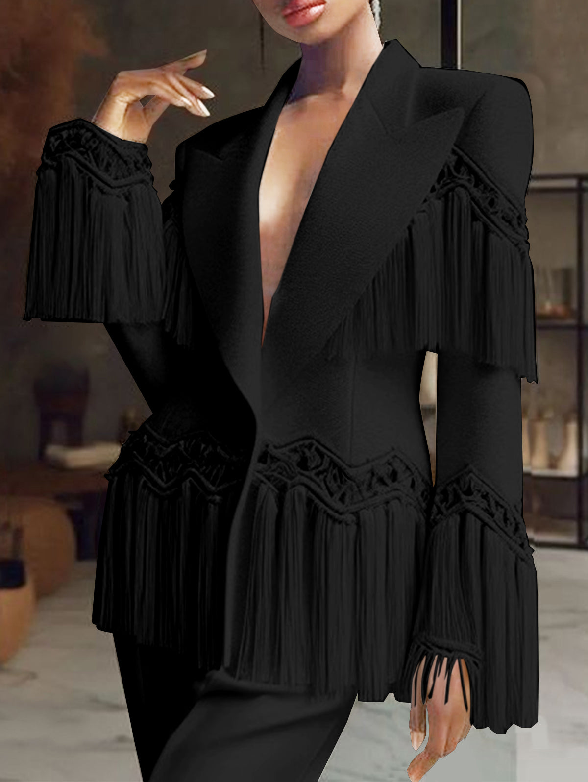 Formal Solid Peaked Lapel Long Sleeve Fringed Blazer