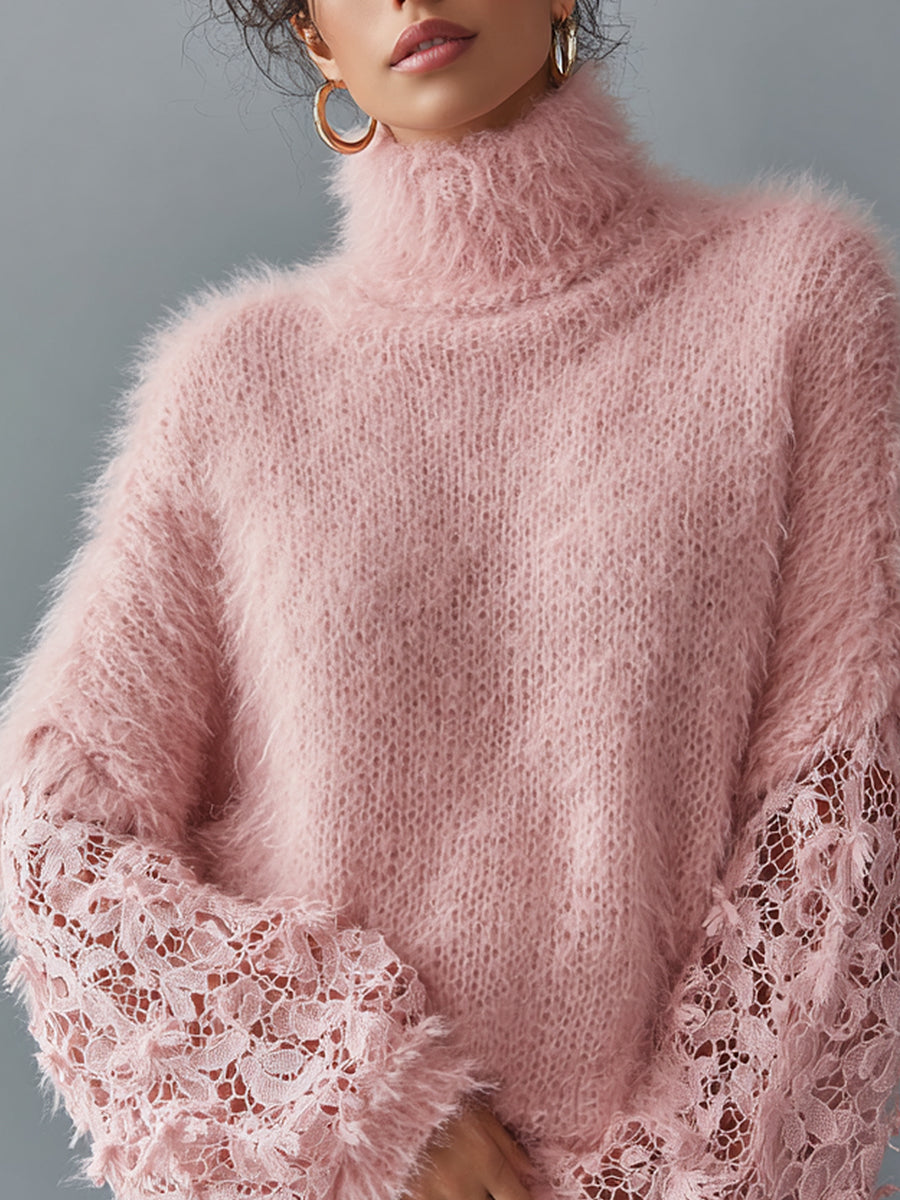 Ursiime Daily Pink High Collar Lantern Sleeve Long Sleeve Trimmings Casual Lace Sweaters