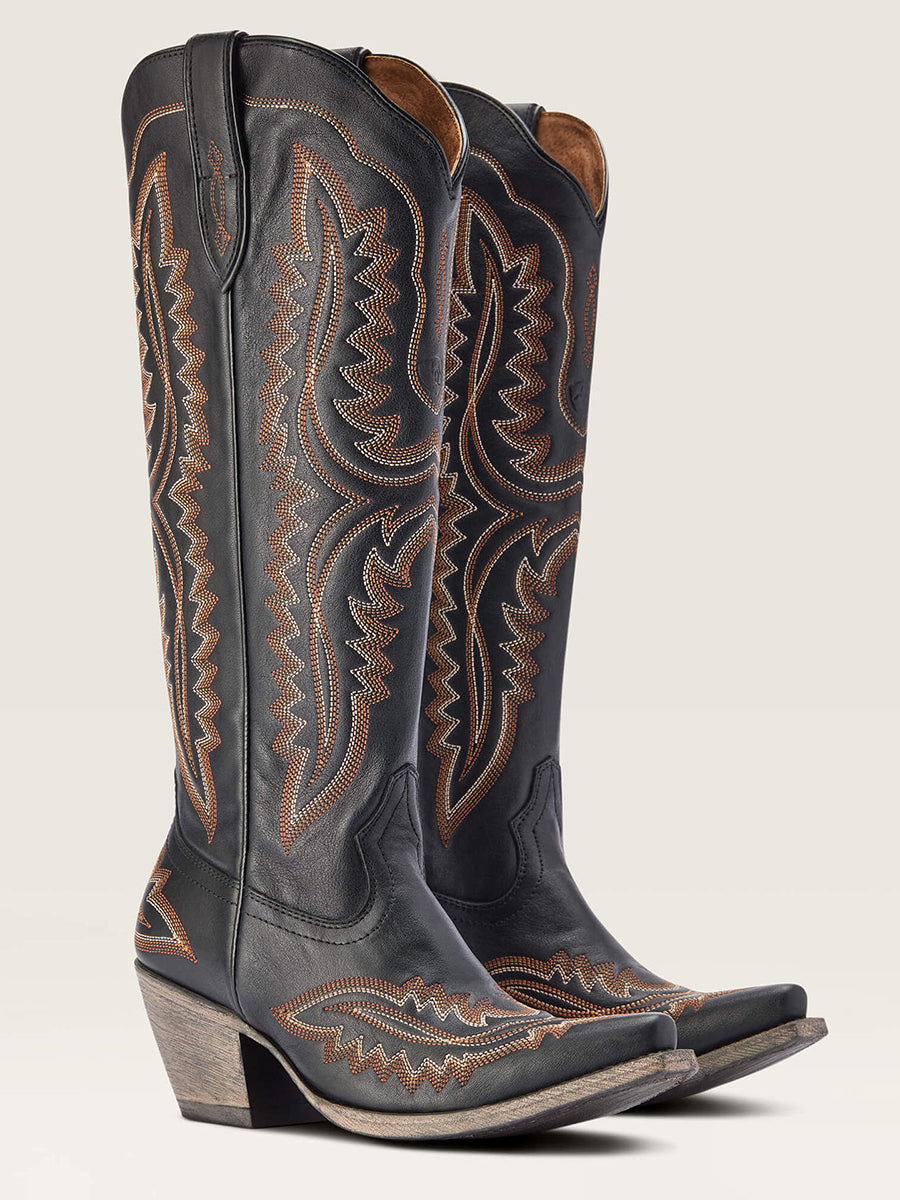 Western Yellow Brown PU Leather Leaf Stitched Patterns Pointed Toe Chunky Heel Boots