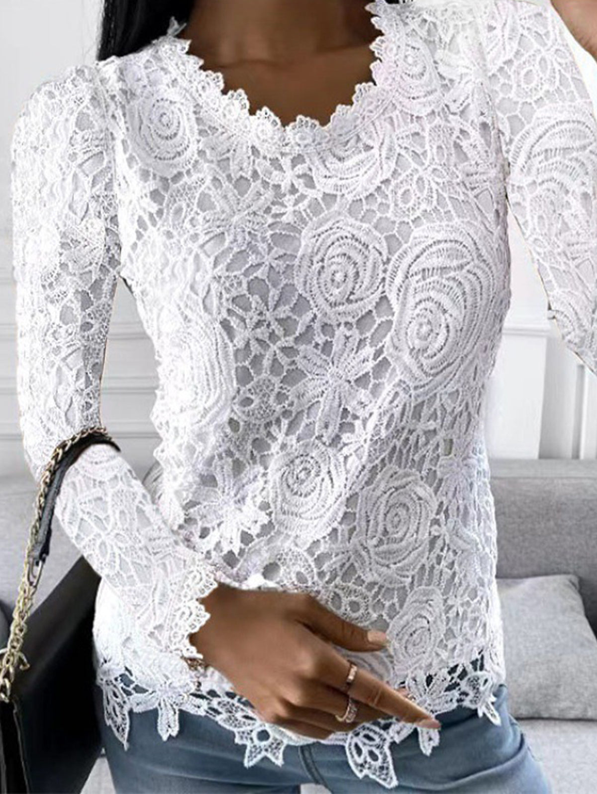Casual Lace Patchwork Floral Crew Neck Long Sleeve Blouse