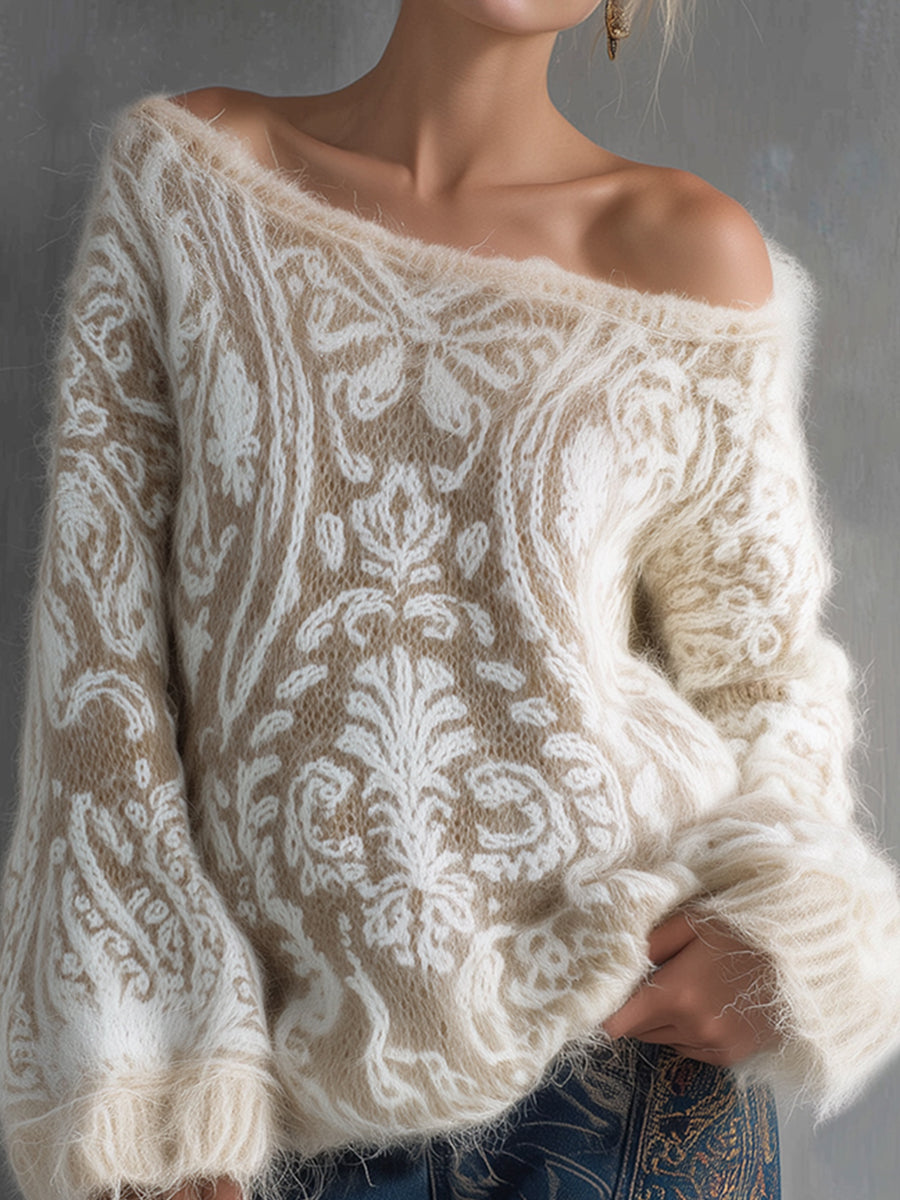 Ursiime Off Shoulder Flare Sleeve Floral Pattern Plush Trim Sweater