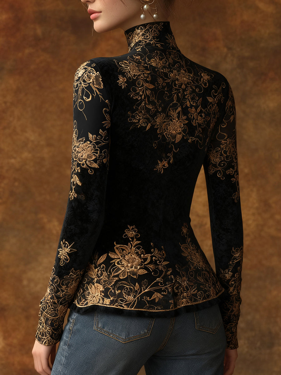 Ursime Black Floral Print High Neck Long Sleeve Top
