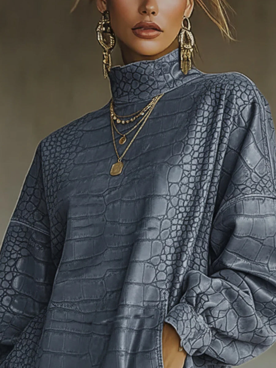 Ursiime Festival Grey High Collar Long Sleeve Strappy Vintage Pocket PU Leather Mini Dresses